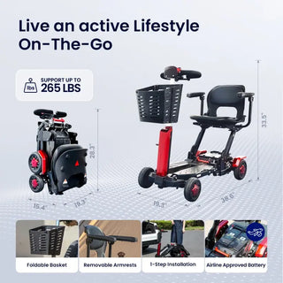 VOCIC D91 Fold-Go Revolutionary Foldable Mobility Scooter, 265 lbs Weight Capacity, 15.5 Miles Per Charge