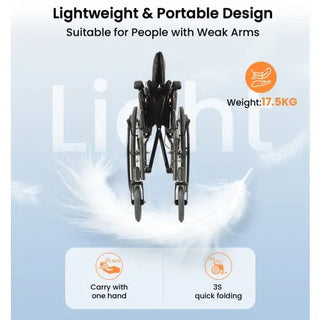 VOCIC U31 Lightweight Folding Manual Wheelchair, 300 lbs Weight Capacity, 16.9" Seat Width, Gray or Orange