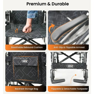 VOCIC U31 Lightweight Folding Manual Wheelchair, 300 lbs Weight Capacity, 16.9" Seat Width, Gray or Orange