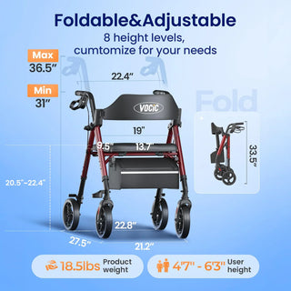 VOCIC Z21 Lightweight Folding Rollator Walker, 300 lbs Weight Capacity, 31.5"-36.6" Handle Height
