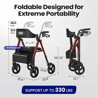 VOCIC Z21 Lightweight Folding Rollator Walker, 300 lbs Weight Capacity, 31.5"-36.6" Handle Height