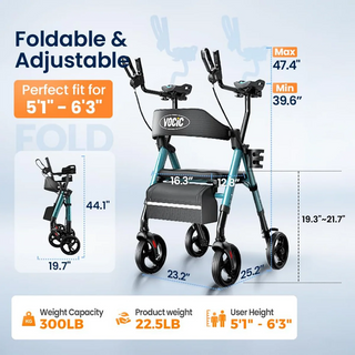 VOCIC Z22 Upright Rollator with Adjustable Armrests, 300 lbs Weight Capacity, 12.2"×13.8" Seat Size