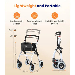 VOCIC Z32 Foldable Narrow Rollator for Small Spaces without Seat, 242 lbs Weight Capacity, 35.4"-40.4" Handle Height