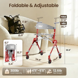 VOCIC Z35 PackGo Foldable Lightweight Rollator Walker, 300 lbs Weight Capacity, 17.52" Seat Width, Black, Red Or Blue