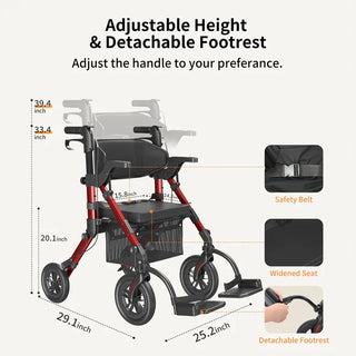 VOCIC Z51 All Terrain Shift Combo 2 In 1 Rollator - Transport Chair Walker, 300 lbs we,ght Capacity, 33.5"-39.6" Handle Height