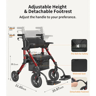 VOCIC Z51 All Terrain Shift Combo 2 In 1 Rollator - Transport Chair Walker, 300 lbs we,ght Capacity, 33.5"-39.6" Handle Height