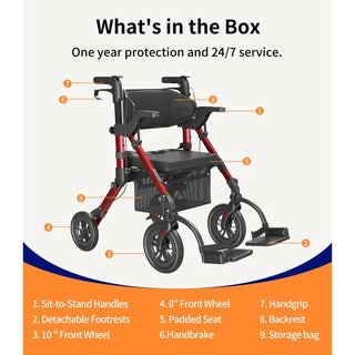 VOCIC Z51 All Terrain Shift Combo 2 In 1 Rollator - Transport Chair Walker, 300 lbs we,ght Capacity, 33.5"-39.6" Handle Height