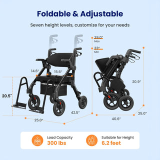 VOCIC Z55 Folding Versatile 2-in-1 Rollator Walker, 330 lbs Weight Capacity, 32"-38" Handle Height