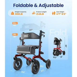VOCIC Z57 Folding Outdoor Rollator with 12" All Terrain Big Wheels, 300 lbs Weight Capacity, 36"-42" Handle Height