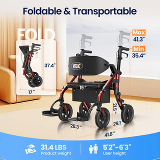 VOCIC Z59 Bariatric 2 In 1 Rollator-Transport Chair Walker, 400 lbs Weight Capacity, 35.4"-41,3" Handle Height