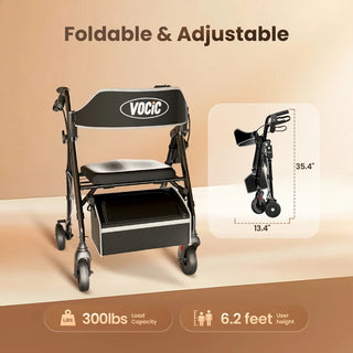 VOCIC Z63 Adjustable Resistance Folding Rollator, 300 lbs Weight Capacity, 14.2" Seat Size, Black or Beige