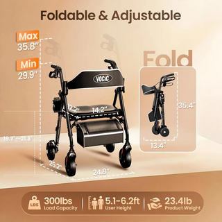 VOCIC Z63 Adjustable Resistance Folding Rollator, 300 lbs Weight Capacity, 14.2" Seat Size, Black or Beige