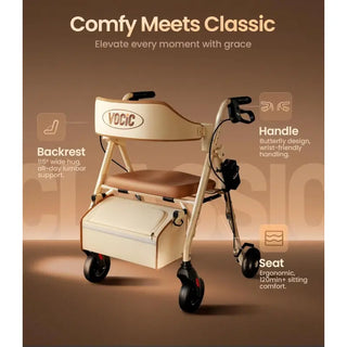 VOCIC Z63 Adjustable Resistance Folding Rollator, 300 lbs Weight Capacity, 14.2" Seat Size, Black or Beige