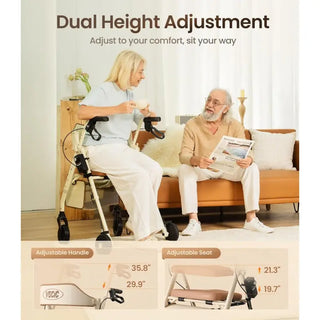 VOCIC Z63 Adjustable Resistance Folding Rollator, 300 lbs Weight Capacity, 14.2" Seat Size, Black or Beige