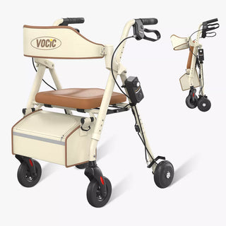 VOCIC Z63 Adjustable Resistance Folding Rollator, 300 lbs Weight Capacity, 14.2" Seat Size, Black or Beige
