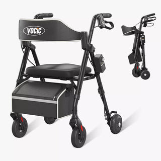 VOCIC Z63 Adjustable Resistance Folding Rollator, 300 lbs Weight Capacity, 14.2" Seat Size, Black or Beige