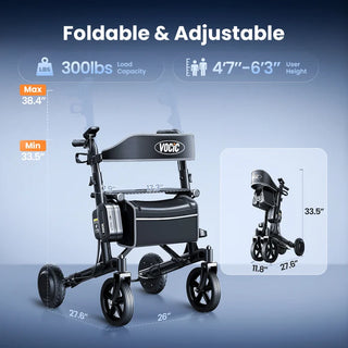 VOCIC Z73-A-BK-X Electric Foldable Rolling Walker, 300 lbs Weight Capacity, 17.5" Seat
