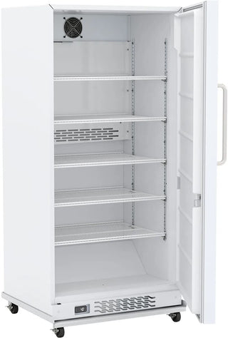 White industrial refrigerator with open door on a white background
