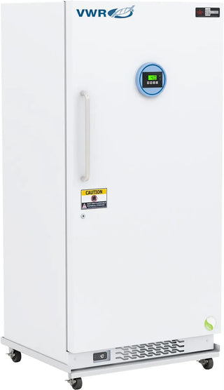 A white VWR upright refrigerator with a digital temperature display, a vertical handle, and a warning label on the door, shown against a plain white background.