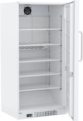 White commercial refrigerator with an open door, showing five adjustable wire shelves, a built-in cooling fan at the top, and a white handle on the right side.