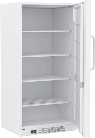 White refrigerator with open door showing empty shelves on a white background