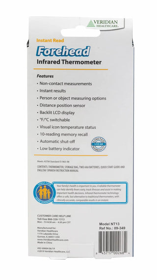 Veridian Healthcare 09-349 Non-Contact Infrared Forehead and Object Digital Thermometer
