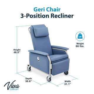 Viva Comfort ADIME915-01-BLU geriatric recliner dimension diagram showing height, depth and width
