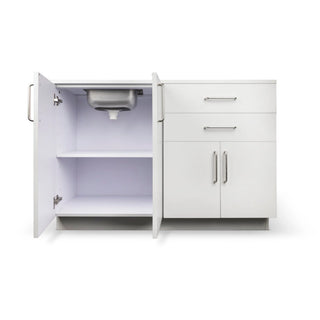 Viva Comfort ADIME902-BASE-48 right-sink model with doors open showing the basin underside and shelf