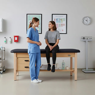 Viva Comfort ADI996-04S-DD-27 Aristo treatment table with a clinician and seated patient in an exam room