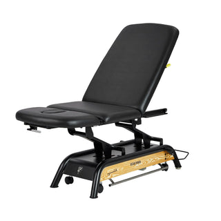 Viva Comfort ADI903-30 Atlas power hi-lo treatment table with black top, raised backrest and wood trim base