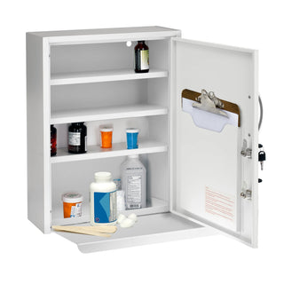 Viva Comfort ADI999-06 open white cabinet stocked with supplies and a clipboard in the pocket