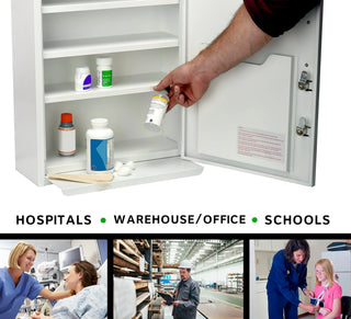 Viva Comfort ADI999-06 hand taking a bottle from the open white cabinet above workplace photos