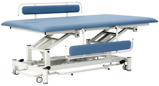 Viva Comfort ADI903-02 Elite hi-lo therapy table with blue top and side rails, angled view