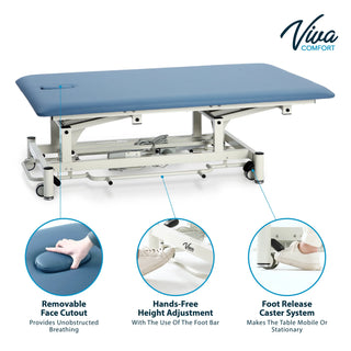 Viva Comfort ADI903-02 Elite hi-lo therapy table feature diagram of face cutout and foot controls