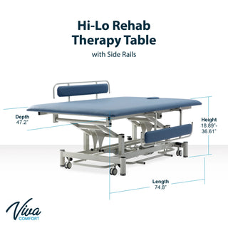 Viva Comfort ADI903-02 Elite hi-lo therapy table dimension diagram with side rails