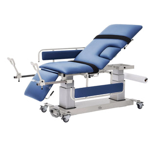 Viva Comfort ADI903-04 Elite imaging table with backrest raised, side rails, strap and stirrups