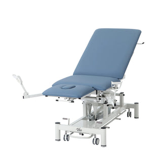 Viva Comfort ADI903-01 Elite hi-lo exam table with backrest reclined, view from the foot end
