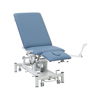 Viva Comfort ADI903-01 Elite hi-lo exam table with backrest upright and stirrup, opposite side angle