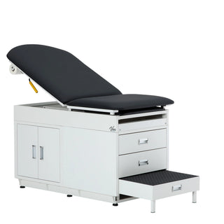 Viva Comfort ADI996-09 Grande exam table with black upholstery, white steel cabinet, storage drawers and pull-out step stool