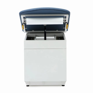 Viva Comfort ADI996-09 Grande exam table end view, Midnight Express blue backrest raised over paper roll storage