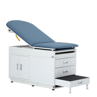 Viva Comfort ADI996-09 Grande exam table with Midnight Express blue upholstery, steel cabinet and pull-out step stool