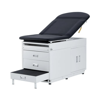 Viva Comfort ADI996-09 Grande exam table with black upholstery seen from the drawer side with the step stool extended