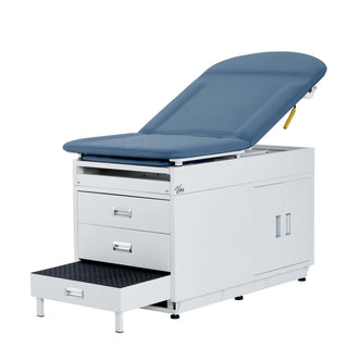 Viva Comfort ADI996-09 Grande exam table in Midnight Express blue, drawer side view with step stool extended