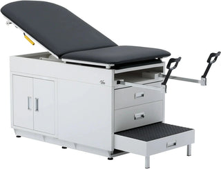 Viva Comfort ADI996-09 Grande exam table with black upholstery, stirrups extended and step stool pulled out