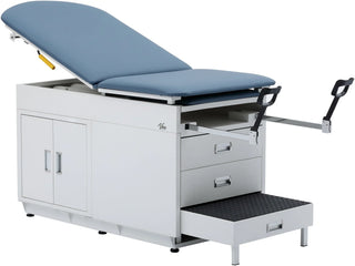 Viva Comfort ADI996-09 Grande exam table with Midnight Express blue upholstery, stirrups extended and step stool pulled out
