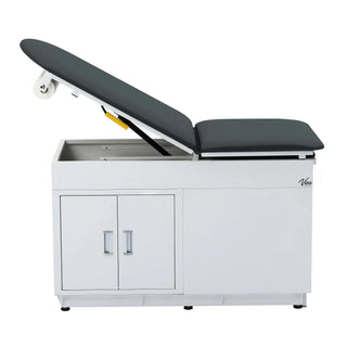 Viva Comfort ADI996-09 Grande exam table side view with the black backrest raised and paper roll holder at the head end