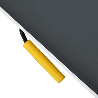 Viva Comfort ADI996-09 Grande exam table close-up of the yellow backrest adjustment handle under the black upholstery