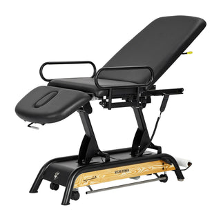 Viva Comfort ADI903-30GR guard rails fitted on a black Atlas treatment table with backrest raised