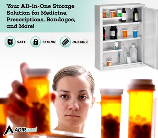 Viva Comfort ADI999-04-WHI graphic with the open stocked cabinet and a person holding pill bottles