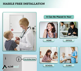 Viva Comfort ADI999-04-WHI installation graphic showing the cabinet in several settings and wall holes